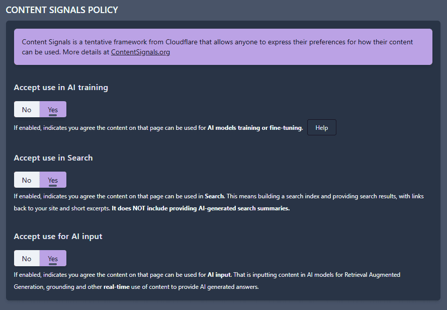 Content Signals configuration page in 4SEO admin