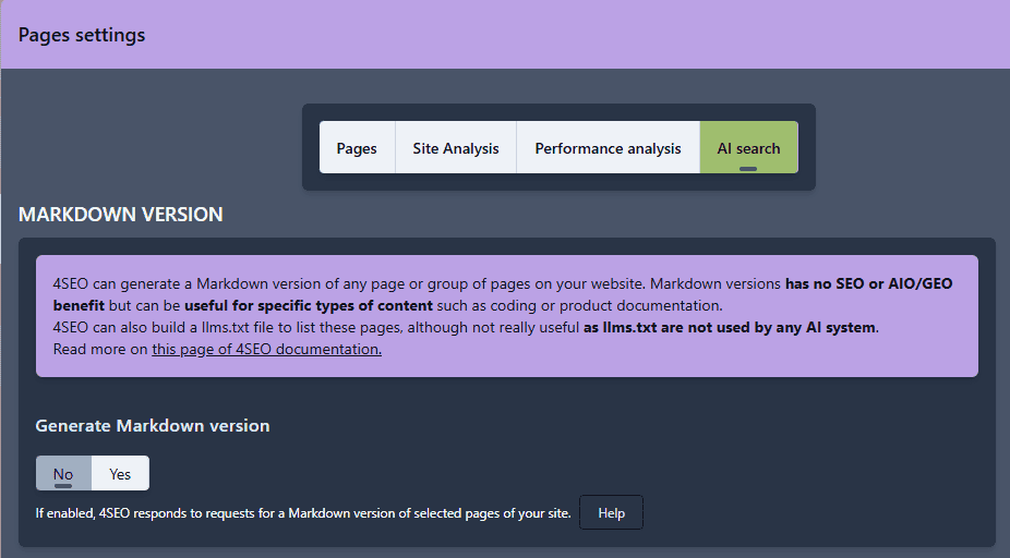 Markdown generation config in 4SEO