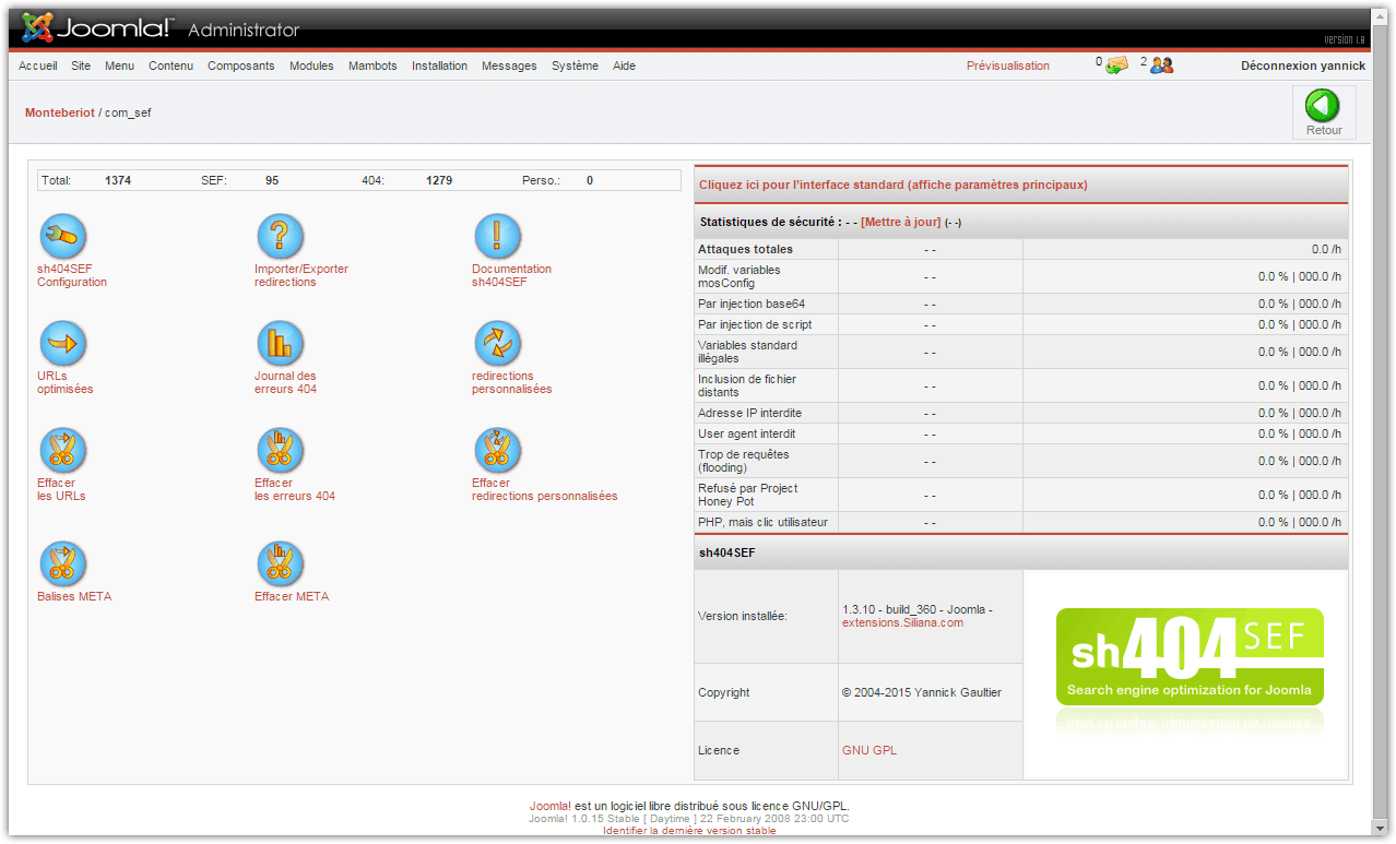 sh404SEF main control panel screenshot from 2008