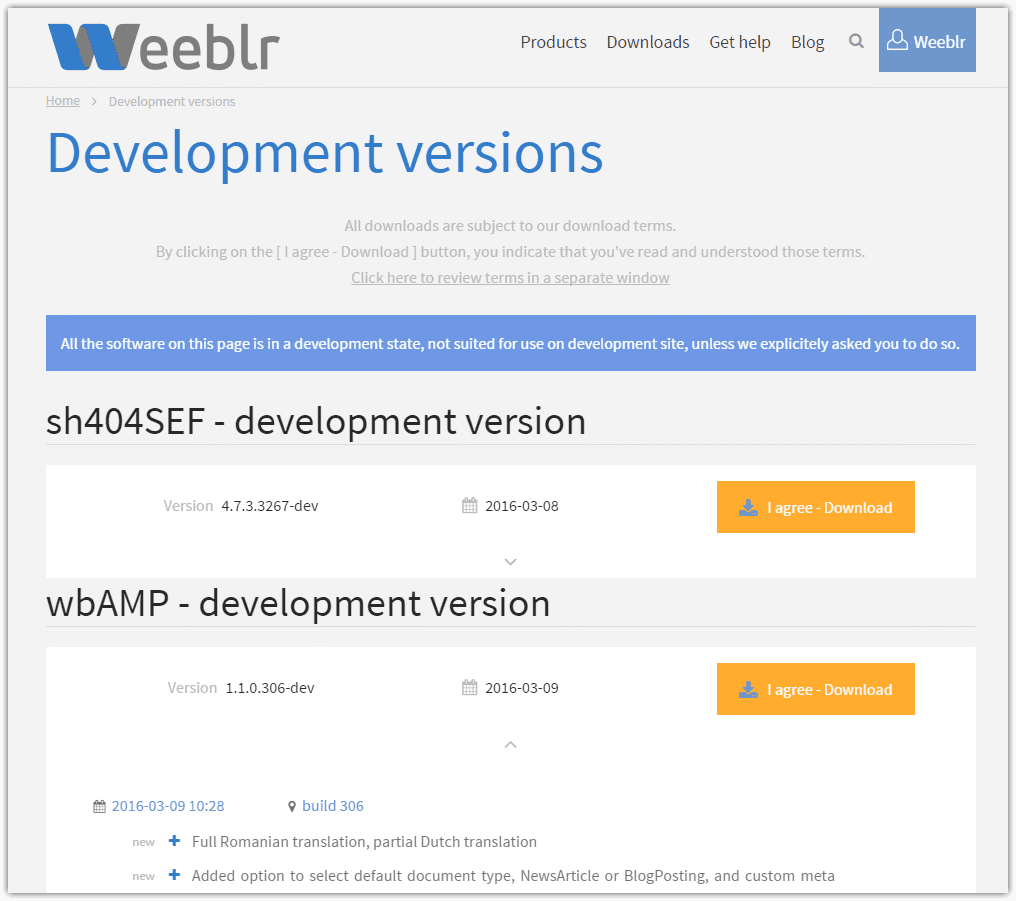 New development versions download area