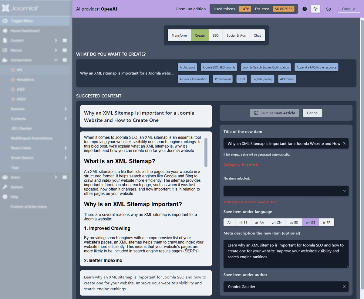 4AI assistant offering to save a newly created Joomla article