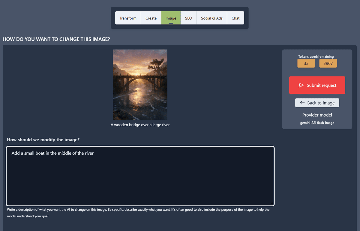 Asking 4AI to add a boat to an existing image of a river