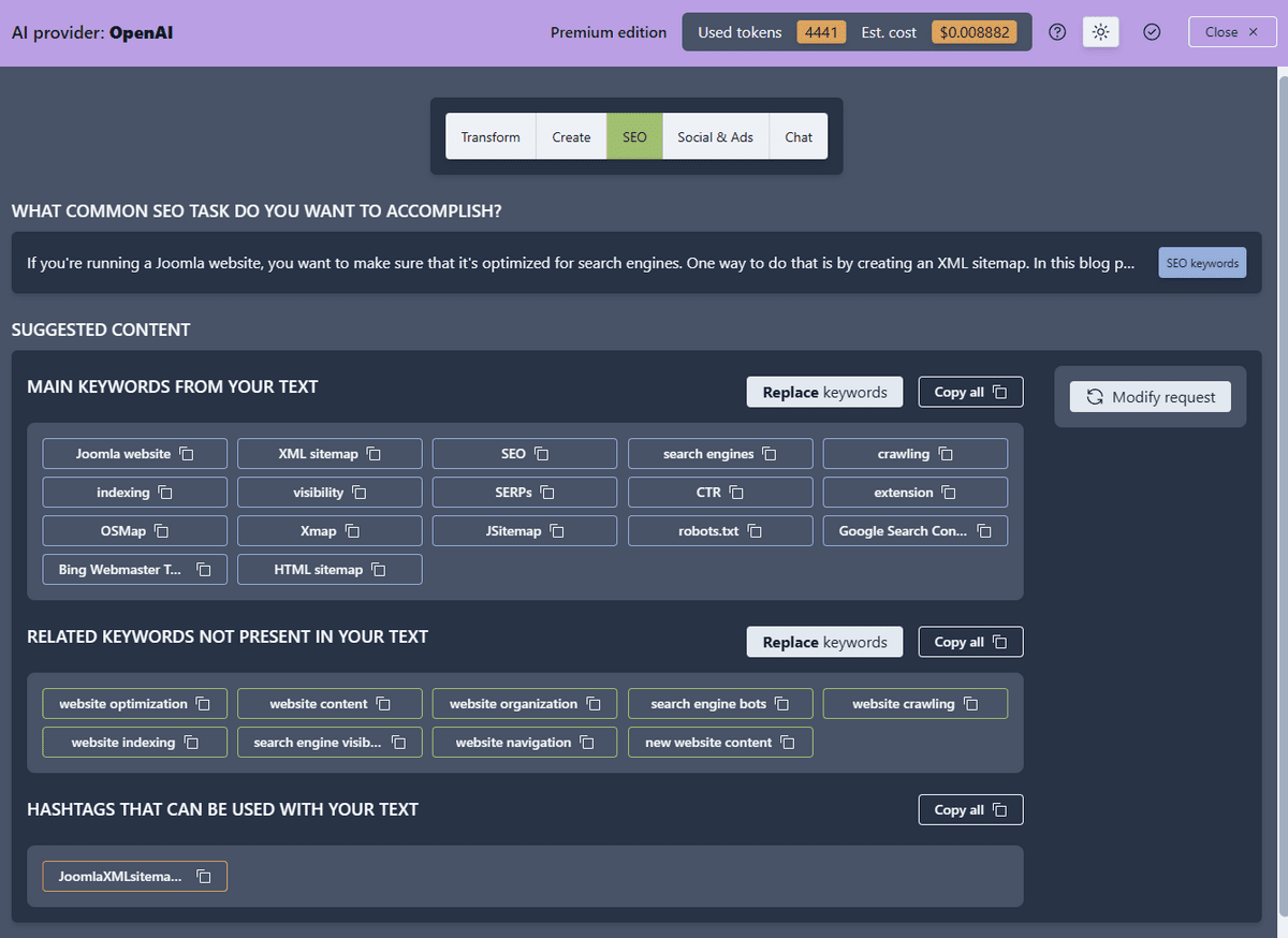 A set of automatically extracted keywords, related keywords and hashtags for a Joomla article