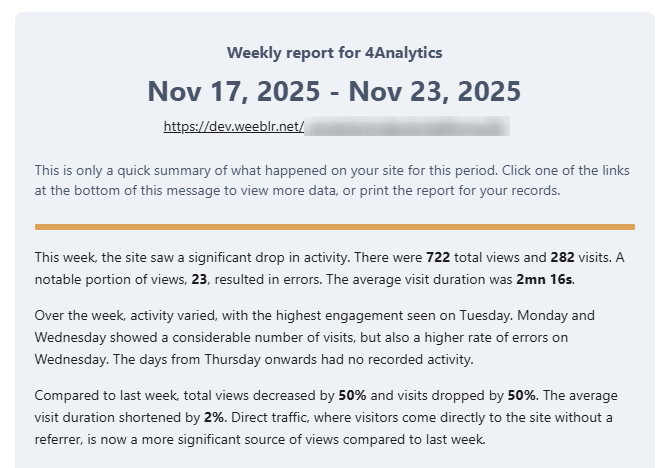 Emailed 4Analytics report showing the automatic AI analysis section