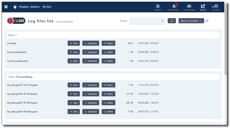 4SLOGS showing list of available log files in Joomla admin