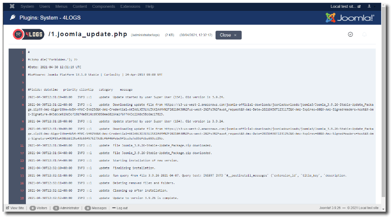 A view of a single log file with 4LOGS on Joomla 3