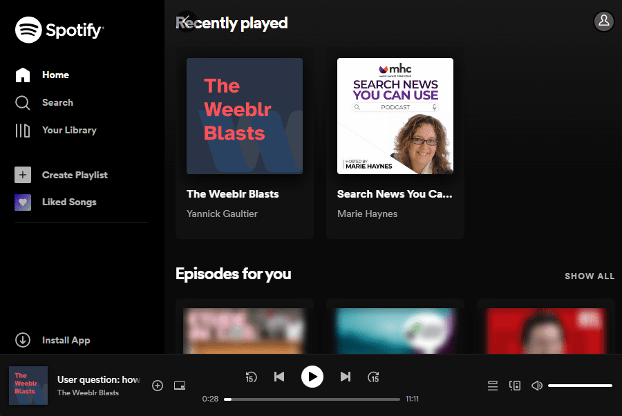 The Weeblr Blast podcast as seen in the Spotify podcasting website