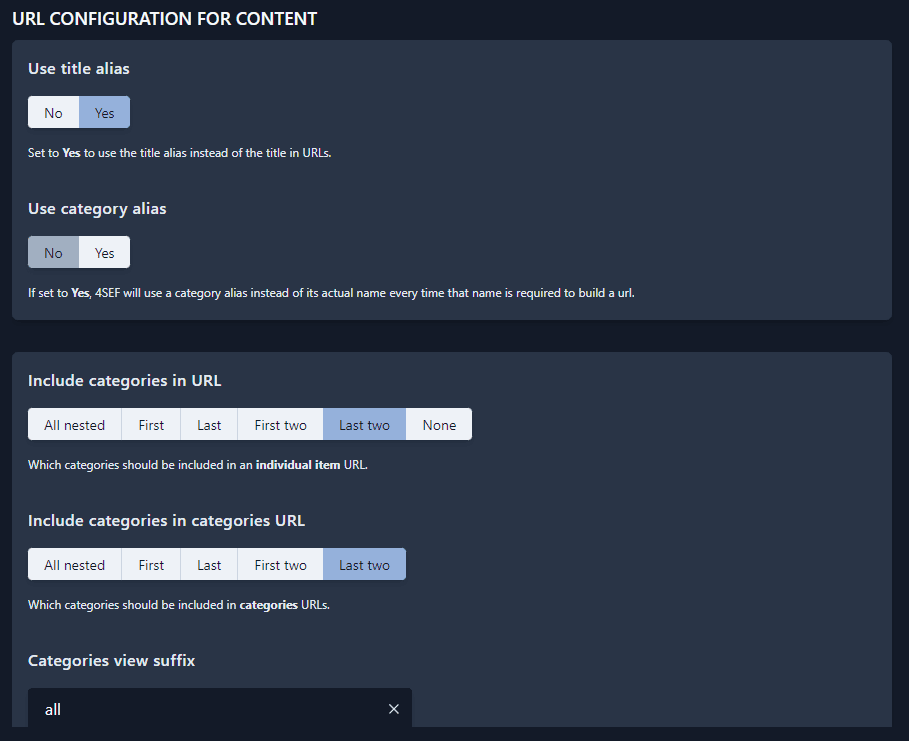 Some of the options available to configure SEF URLs structure when using 4SEF