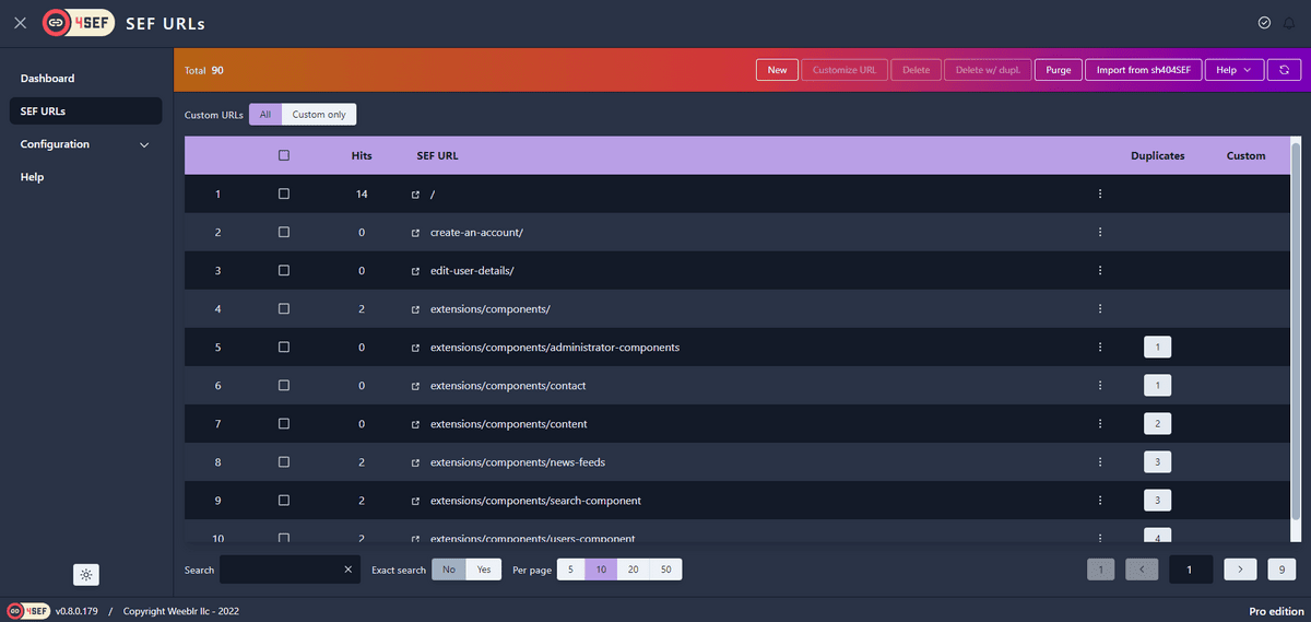 4SEF list of SEF URLs created in a Joomla 4 website