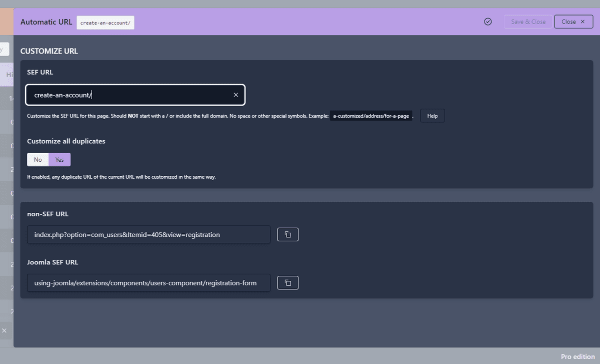 Dialog to manually customize an existing SEF URLs