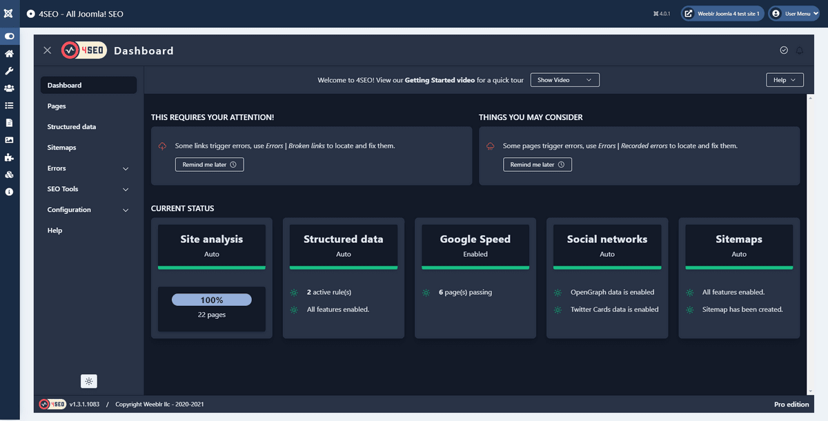 View of 4SEO main dashboard on a Joomla 4 website