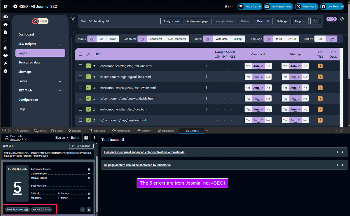 Axe accessibility tool audit of 4SEO pages list