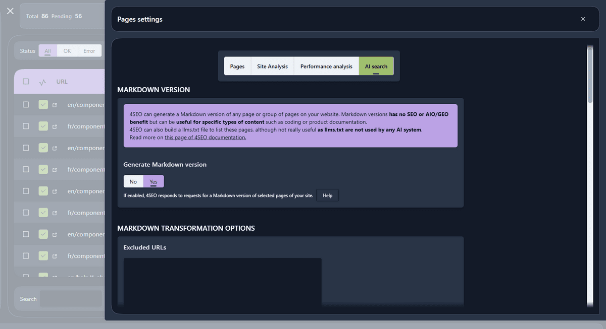 Markdown configuration dialog opened in dark mode