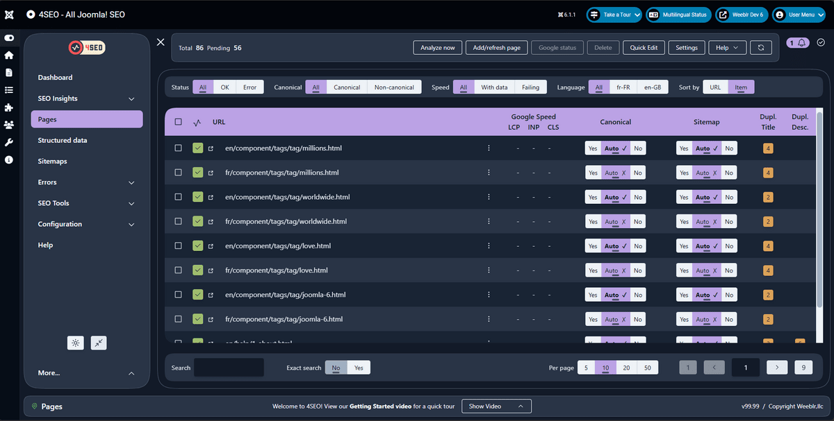 4SEO pages list with menu open