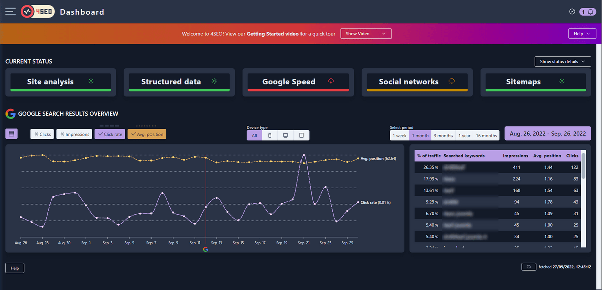 4SEO dashboard with Google search results best performing keywords and pages