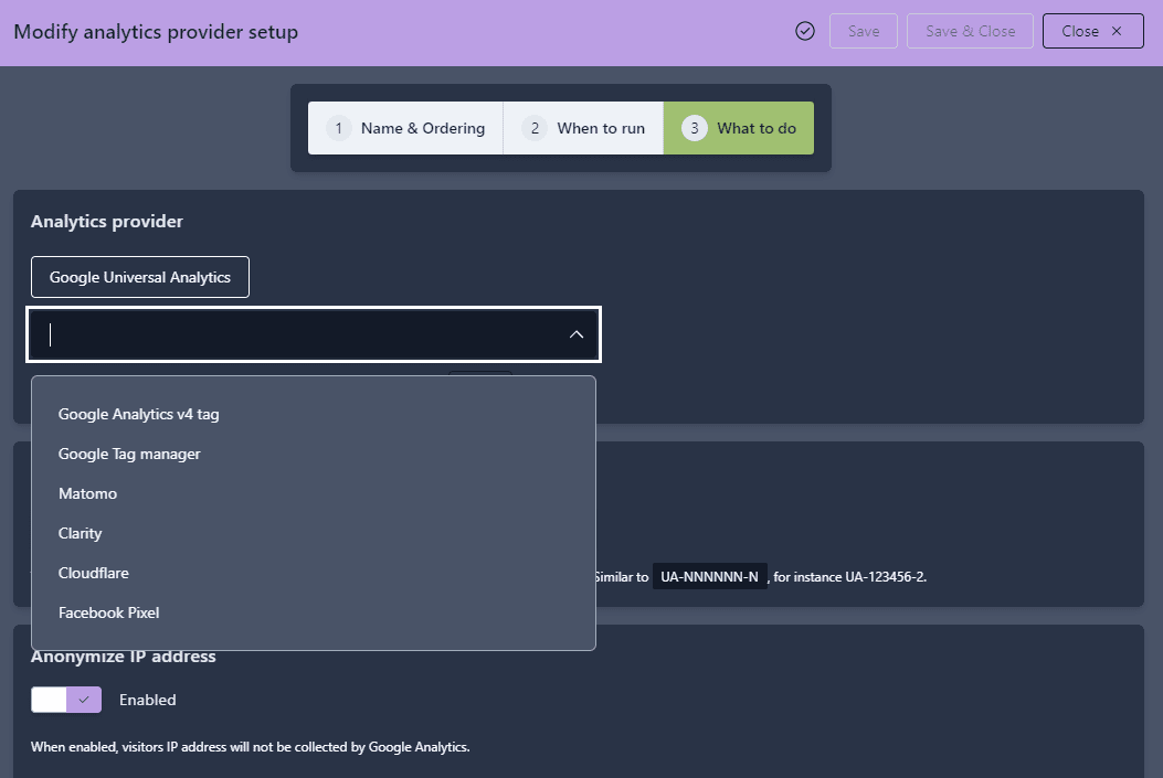 Partial view of an analytics provider setup wizard, showing all available providers