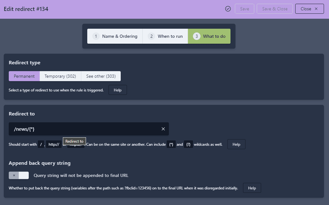 Partial view of a redirection setup wizard