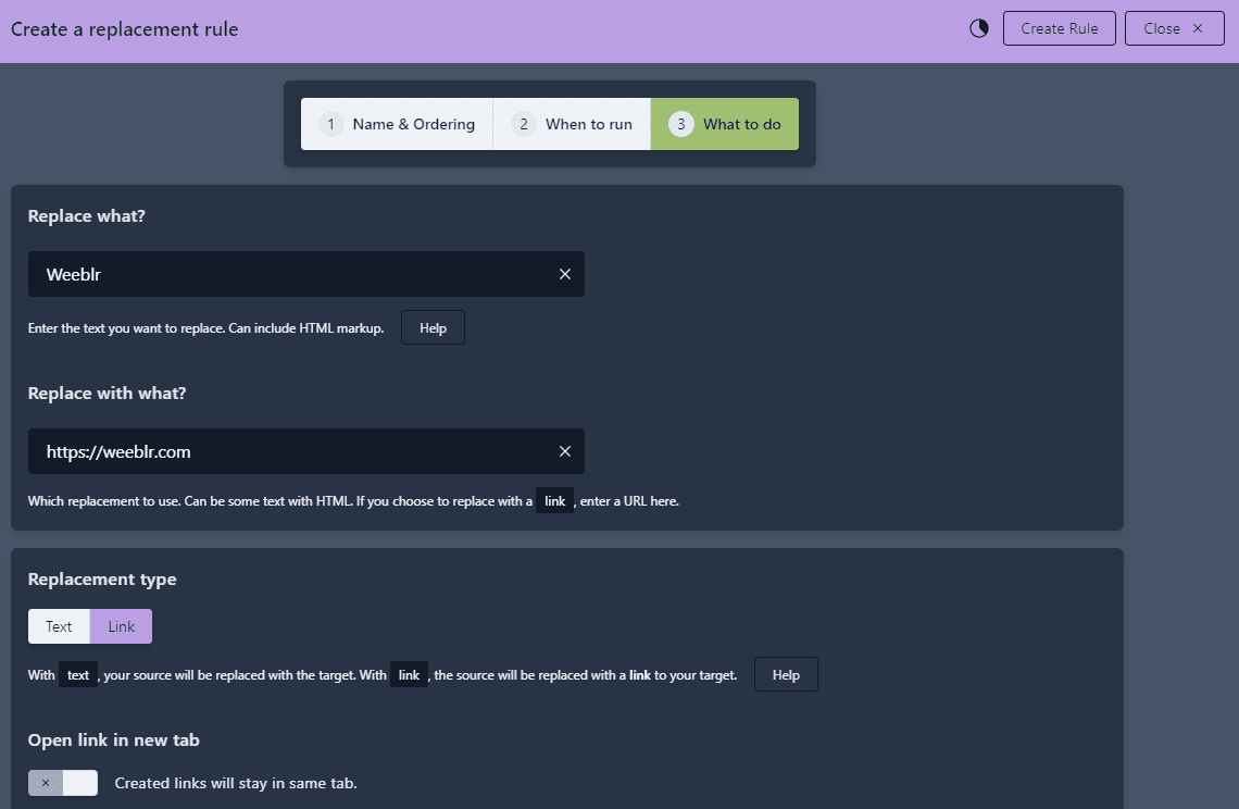 Partial view of a content replacement setup wizard, replacing a name with a link to a page