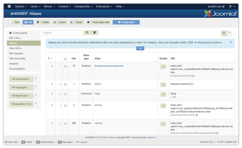 A view of the updated alias manager in sh404SEF