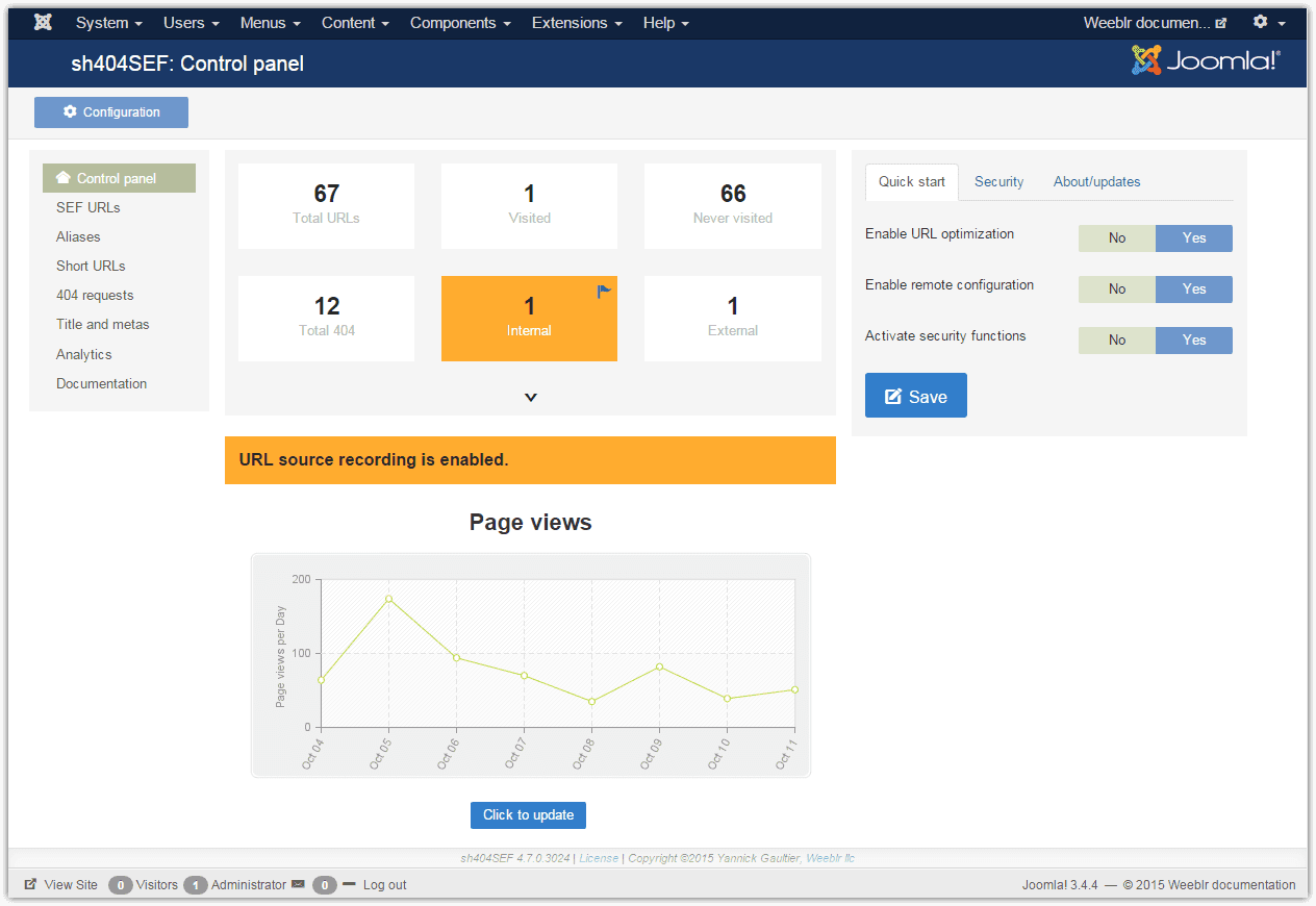 sh404SEF 4.7 updated dashboard