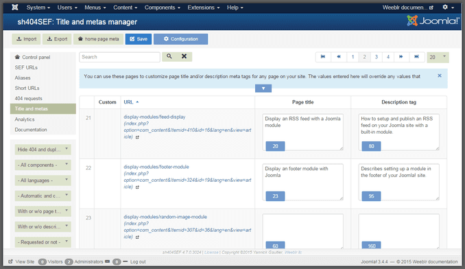 Screenshot of sh404sef title and meta data manager