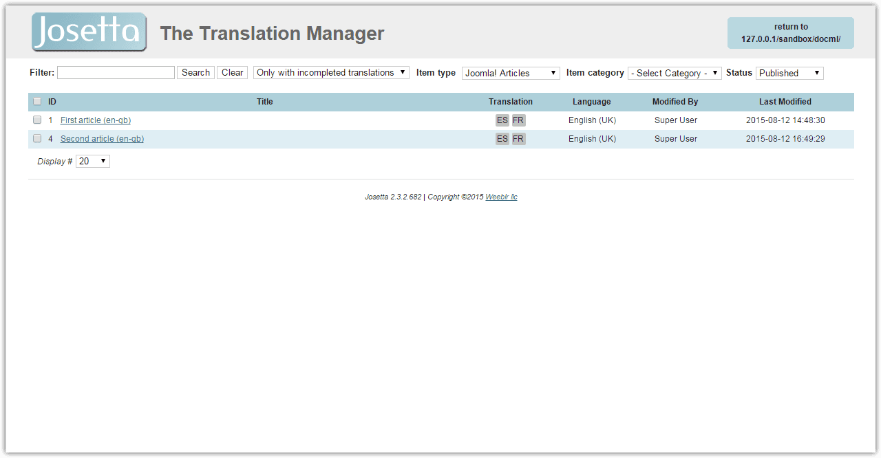 Josetta translation manager front end view