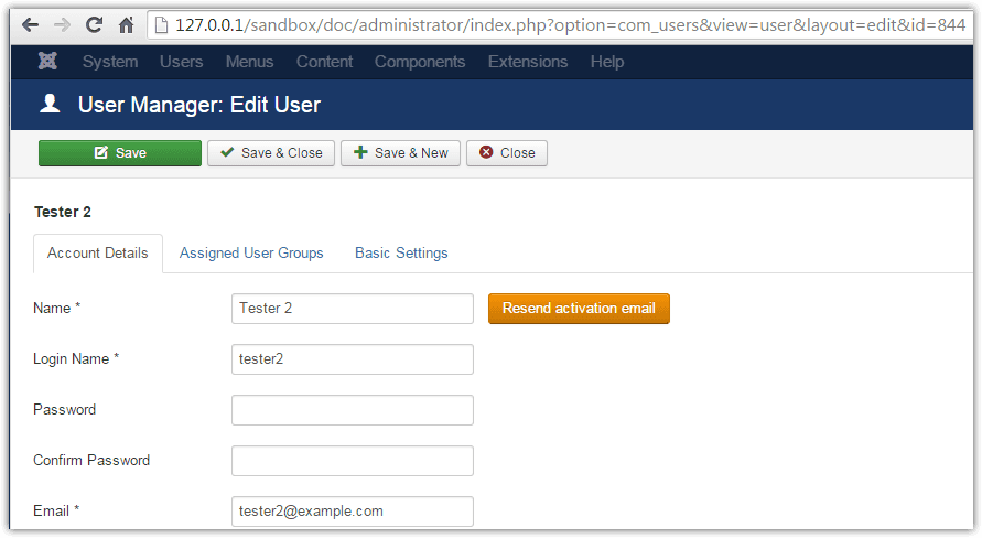 Resend activation email on Joomla uer edit page